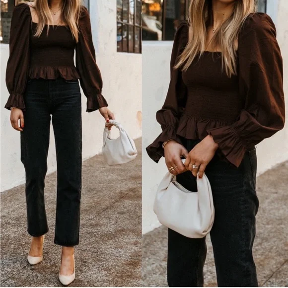 Reformation Darby Top Smocked Long Sleeve Peplum Hem Cafe Brown Size M - Picture 4 of 6